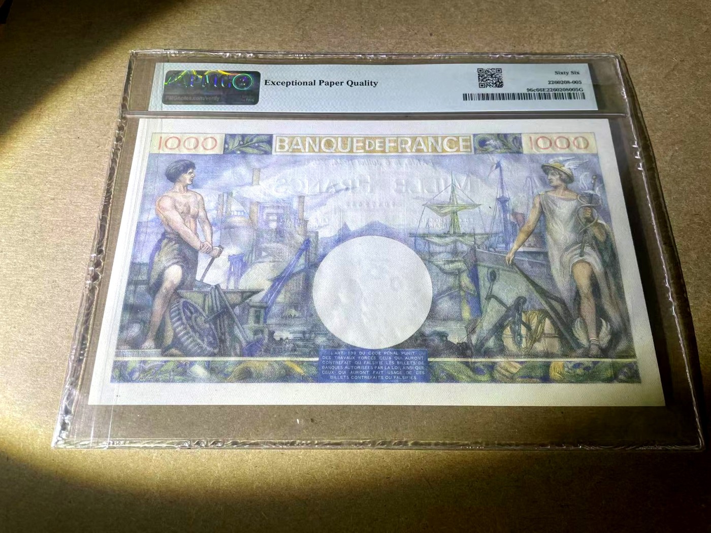 【Blue Auction】✨世界纸币精拍第354期——布克哈特【精】 法国 1944年1000法郎 PMG66EPQ 大票幅 设计精美 墨丘利