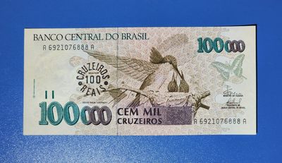 港、澳、台、中外钞、流水签、机签、箱包单、靓号专场第22期 - 巴西1993年100克鲁塞罗(原10万改值) 纸钞 无4 豹子号 A6921076888A UNC一张/如图