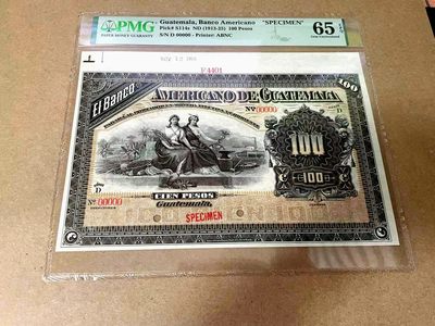 【Blue Auction】✨世界纸币精拍第353期——周日畅拍场【精】 - 【升值品种 超级大票幅 亚军分】危地马拉 1913-25年100比索 PMG65EPQ 带边铭 ABNC雕刻非常精美 大场景 实物视觉震撼 