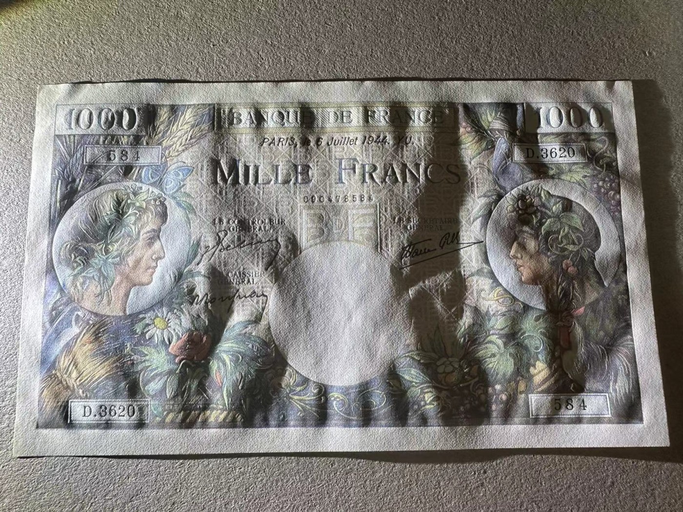 【Blue Auction】✨世界纸币精拍第354期——布克哈特【精】 法国 1944年1000法郎  大票幅 设计精美 墨丘利 全新UNC 优质号段
