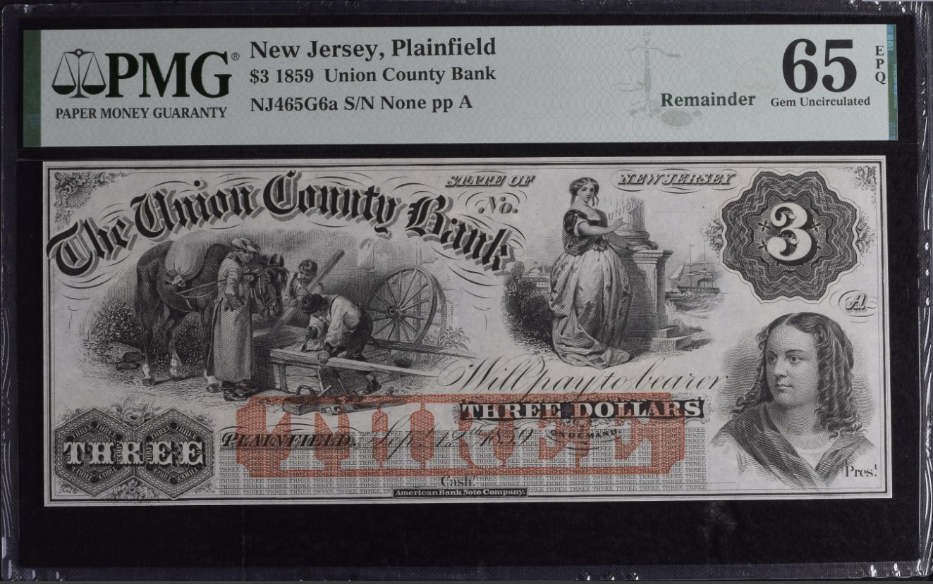 【Blue Auction】✨世界纸币精拍第354期——布克哈特【精】 美国 新泽西州 1859年3美金 PMG65EPQ 大票幅设计非常精美 