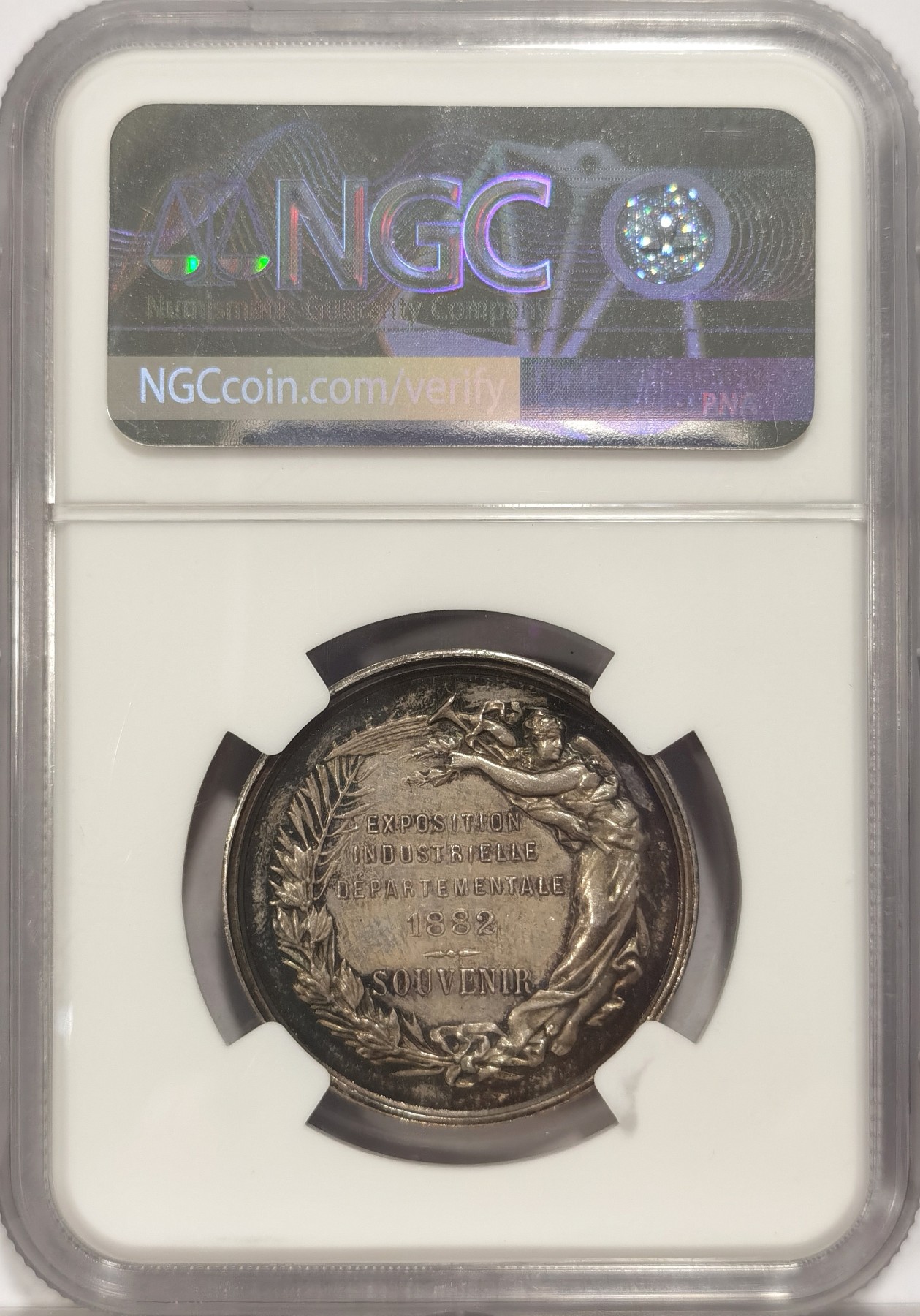 博洋堂世界钱币拍卖第037期（全场包邮） NGC MS62 法国1882年南特工业展银章，少见题材，NGC仅见，非常漂亮的包浆，五彩缤纷