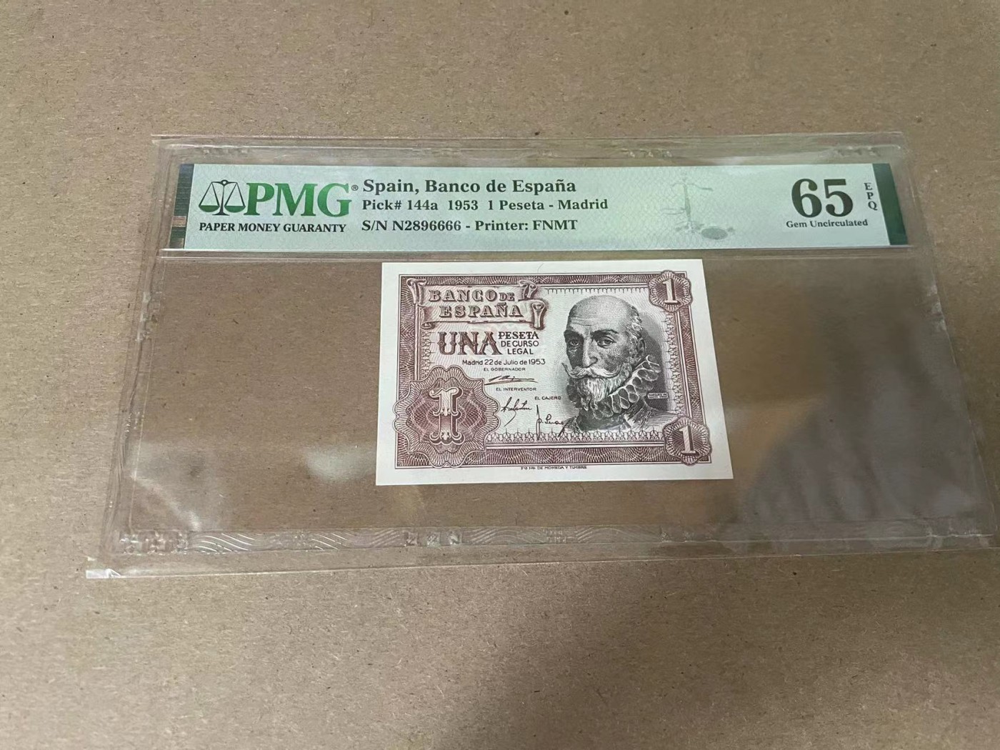 【Blue Auction】✨世界纸币精拍第354期——布克哈特【精】 【6666狮子号无47】西班牙 1953年1比塞塔 PMG65EPQ 