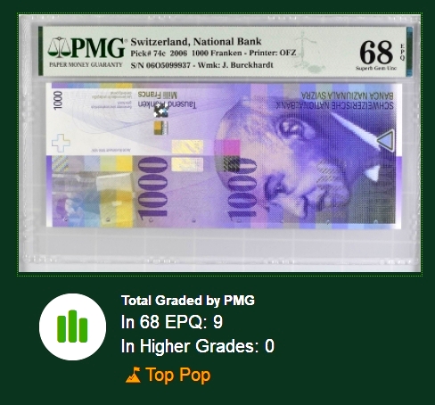 【Blue Auction】✨世界纸币精拍第354期——布克哈特【精】 【冠军分 c版】瑞士 2006年1000法郎 PMG68EPQ 超高分 保值增值 瑞士艺术史学家杰克伯·布克哈特 