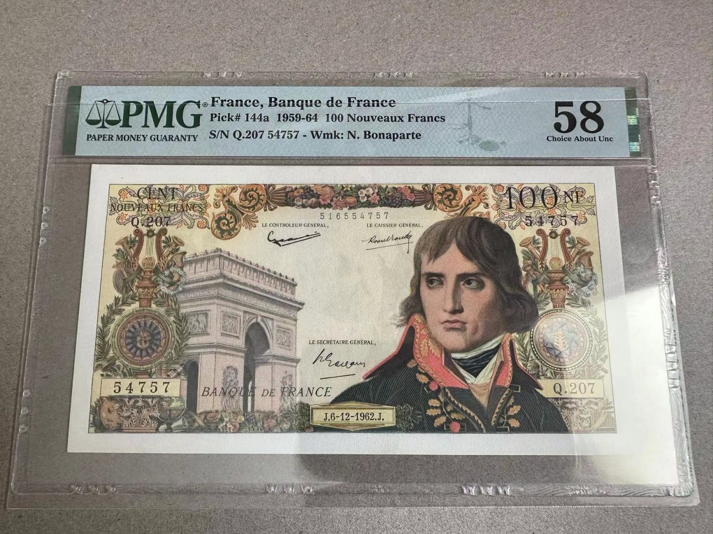 【Blue Auction】✨世界纸币精拍第354期——布克哈特【精】 法国 1962年100新法郎 拿破仑 PMG58 