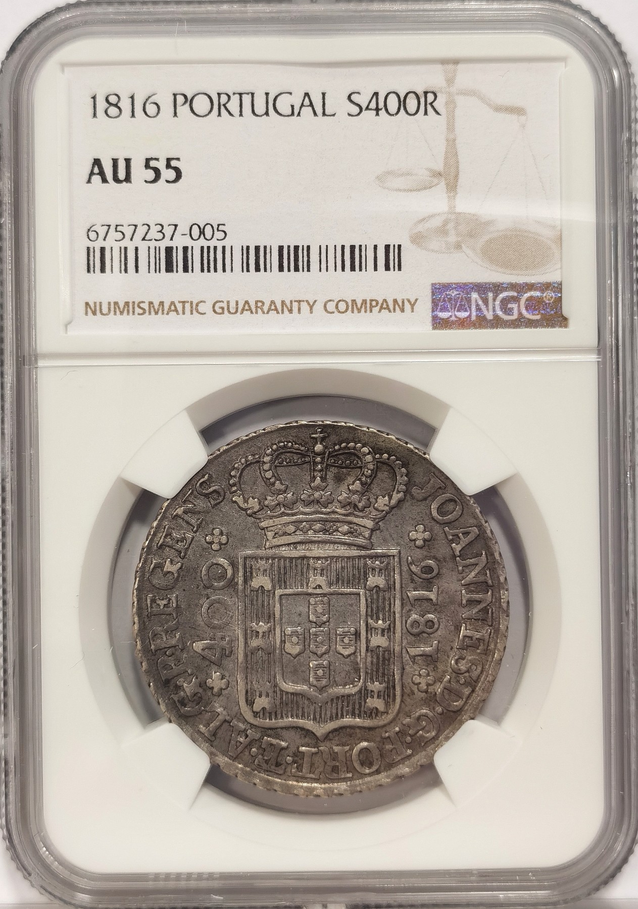 博洋堂世界钱币拍卖第037期（全场包邮） NGC AU55 葡萄牙1816年若昂六世400瑞斯十字银币 为此时期最大面值主币  正面徽记图案华丽 背面经典十字 打制清楚 真正的老味道包浆   好品少见 值得收藏
