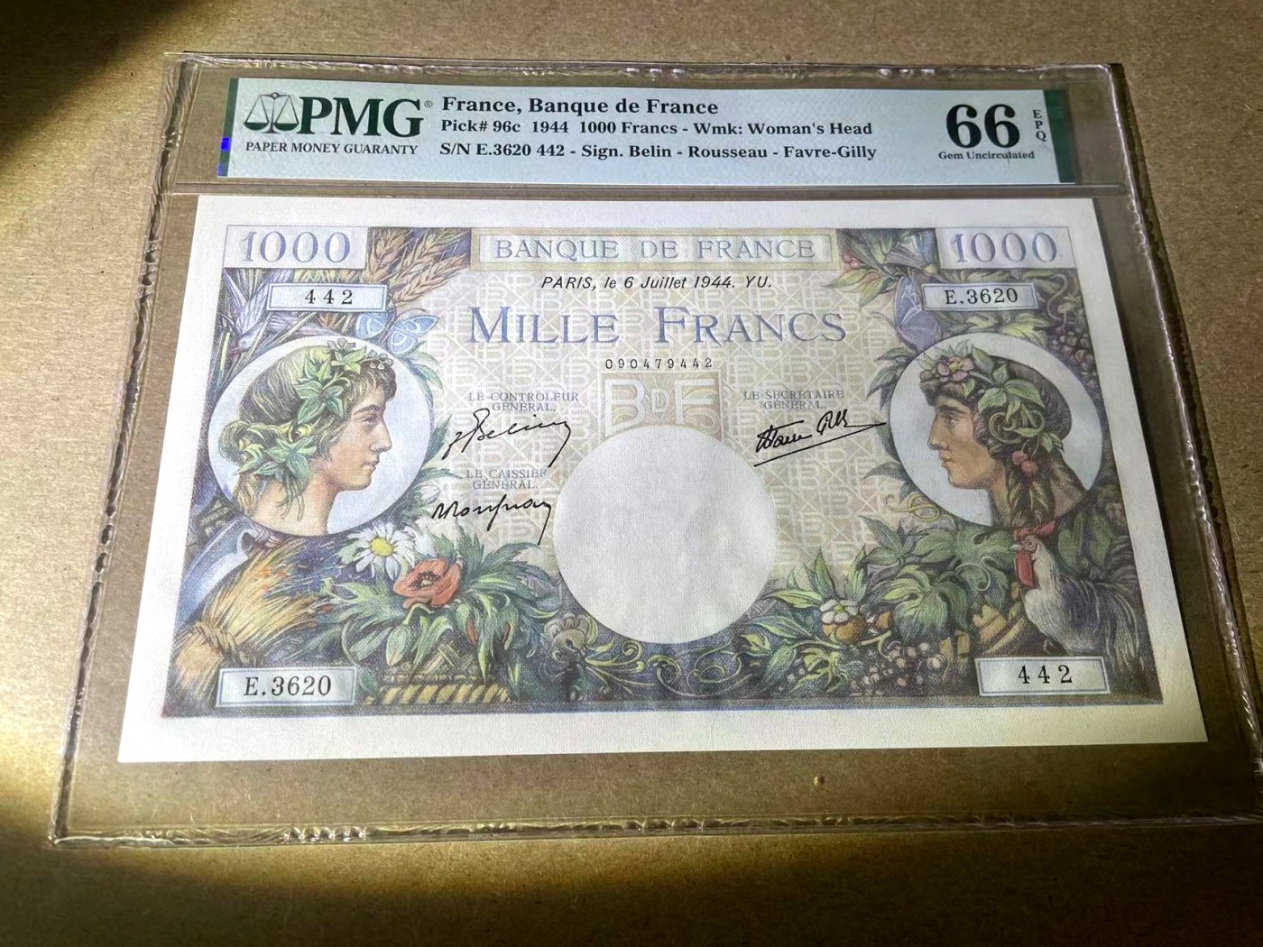 【Blue Auction】✨世界纸币精拍第354期——布克哈特【精】 法国 1944年1000法郎 PMG66EPQ 大票幅 设计精美 墨丘利