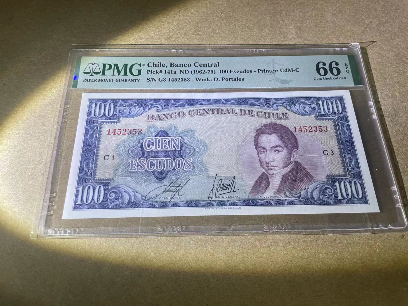 【Blue Auction】✨世界纸币精拍第354期——布克哈特【精】 智利 1962-75年100埃斯库多 PMG66EPQ 航海船队