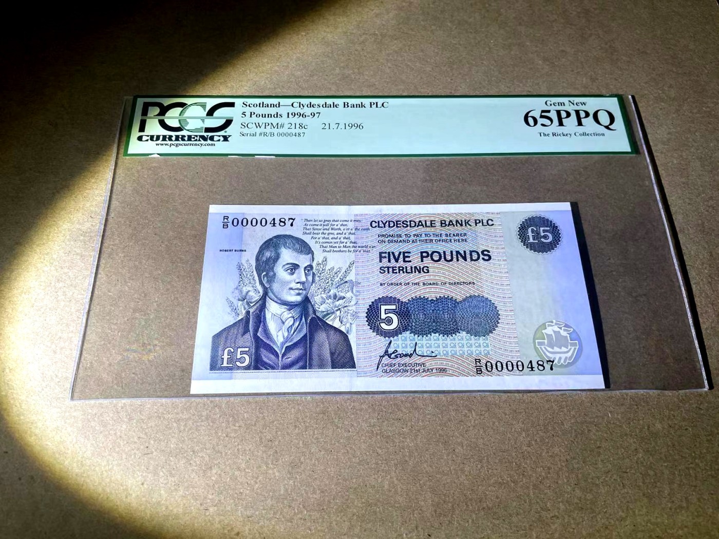 【Blue Auction】✨世界纸币精拍第354期——布克哈特【精】 【世界名家Rickey 百位小号 诗文特别纪念版】苏格兰 1996年5镑 PCGS65EPQ 绿标