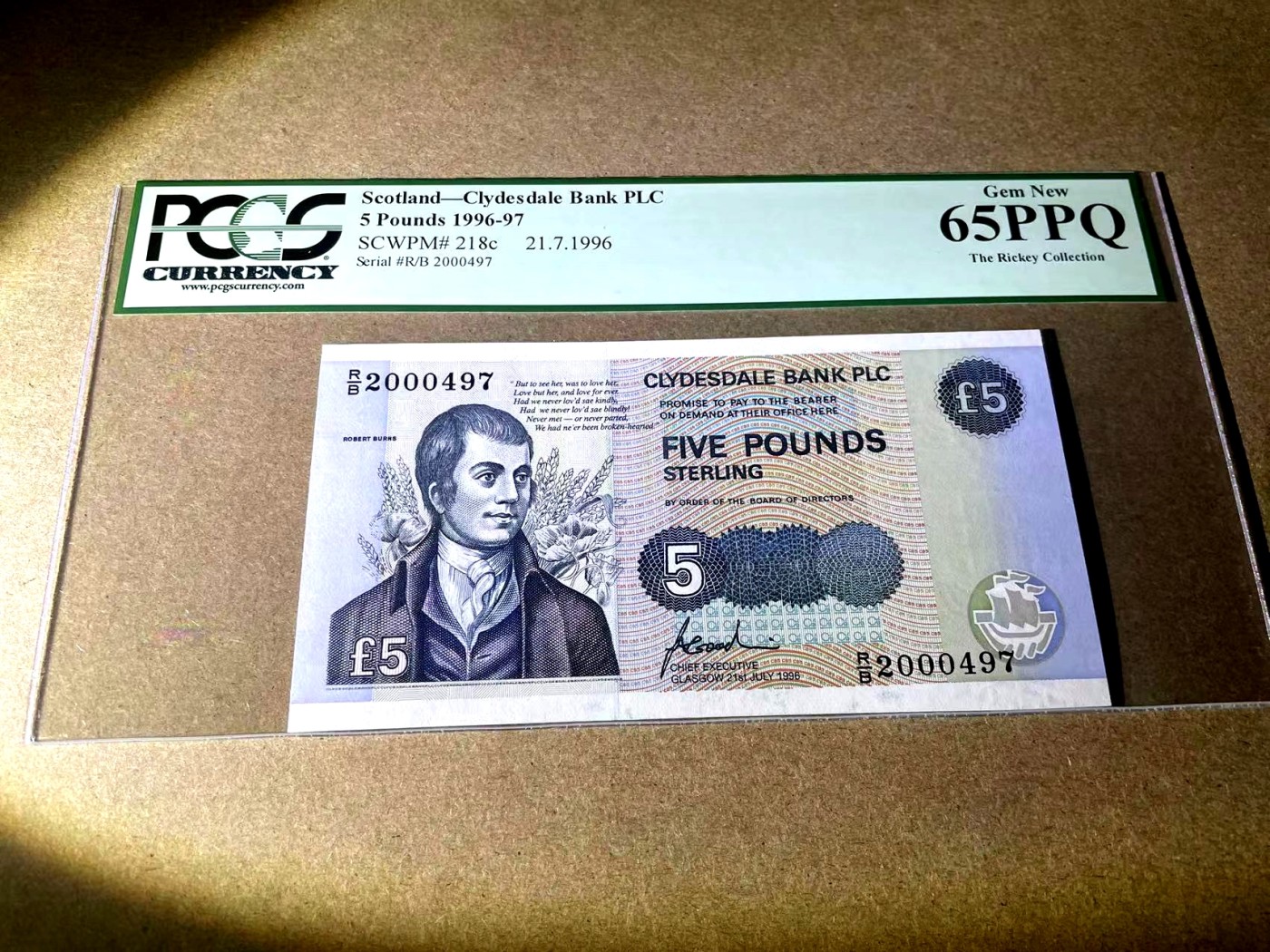 【Blue Auction】✨世界纸币精拍第354期——布克哈特【精】 【世界名家Rickey旧藏 百位小号 诗文特别纪念版 与上一拍不同诗】苏格兰 1996年5镑 PCGS65EPQ 绿标