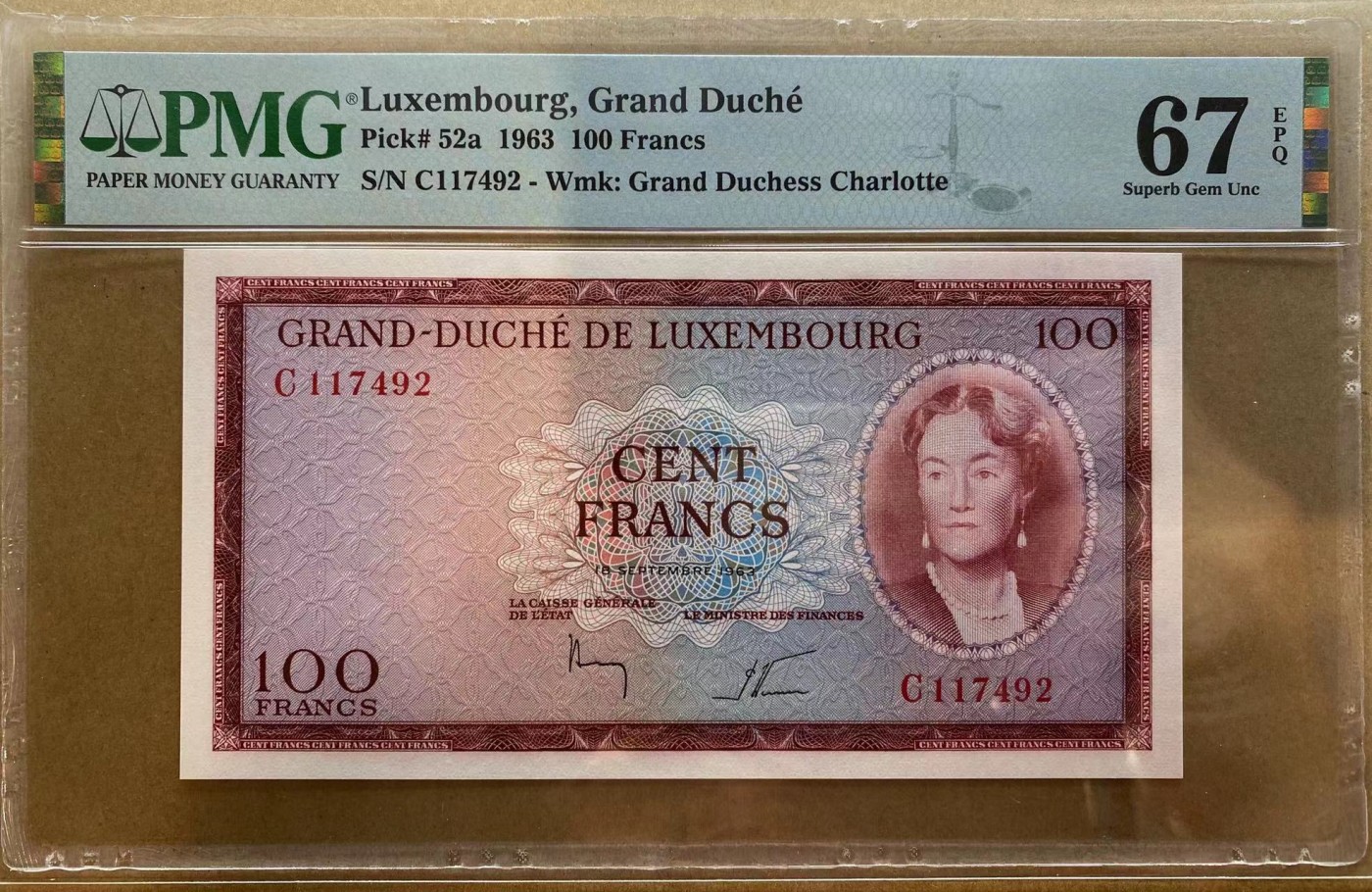 【Blue Auction】✨世界纸币精拍第354期——布克哈特【精】 卢森堡 1963年100法郎 PMG67EPQ 高分女大公 