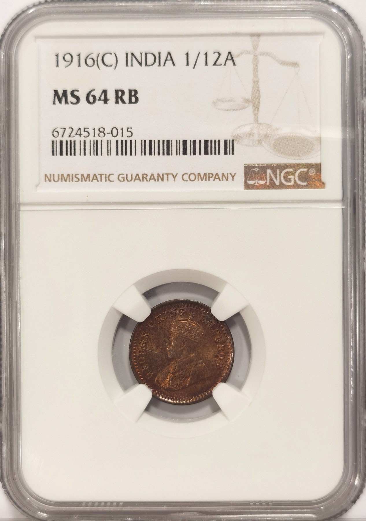 博洋堂世界钱币拍卖第037期（全场包邮） NGC MS64RB 英属印度1916C、1925B、1936B乔五不同时期1/12安娜铜币三枚一组，难得同分，红铜光饱满漂亮