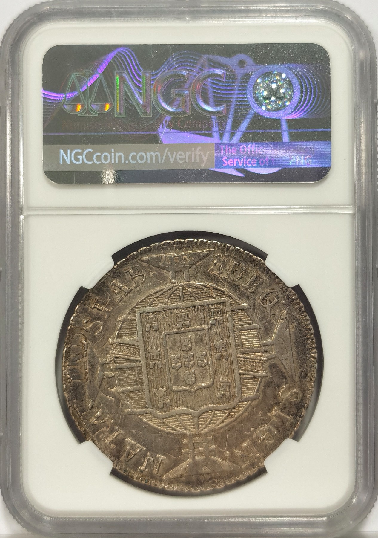 博洋堂世界钱币拍卖第037期（全场包邮） NGC AU58 葡属巴西1822年R版960R大银币，加盖在1820 LM-JP秘鲁双柱上，能清晰看到母币信息