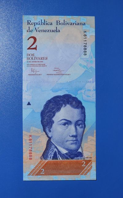 港、澳、台、中外钞、流水签、机签、箱包单、靓号专场第22期 - 委内瑞拉2013年2玻利瓦尔纸钞 号码无4 狮子号 K81178888 UNC一张/如图
