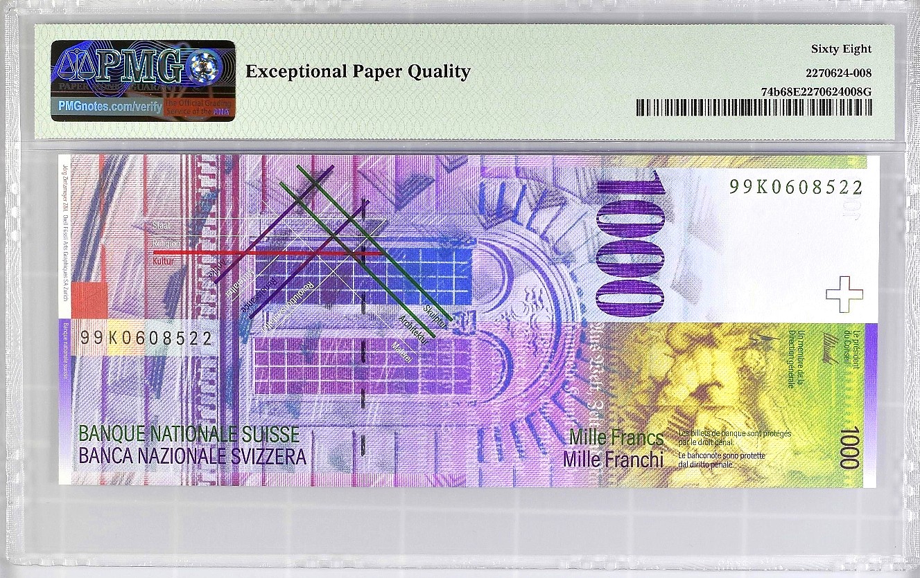【Blue Auction】✨世界纸币精拍第354期——布克哈特【精】  【无47 b版 仅1张更高分 亚军分仅2张】瑞士 1999年1000法郎 PMG68EPQ 超高分 保值增值 瑞士艺术史学家杰克伯·布克哈特 