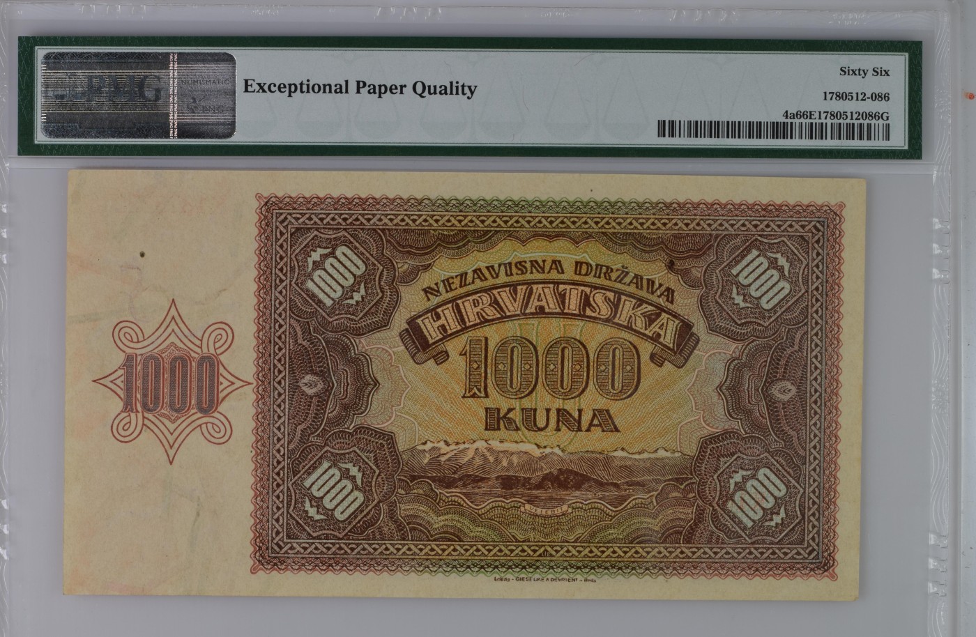 收藏联盟Quantum Auction 第279期拍卖  克罗地亚(二战傀儡政权独立时)1941年1000库纳 PMG66 号码无4 豹子号 大票幅捷德代印 壳子缺一角
