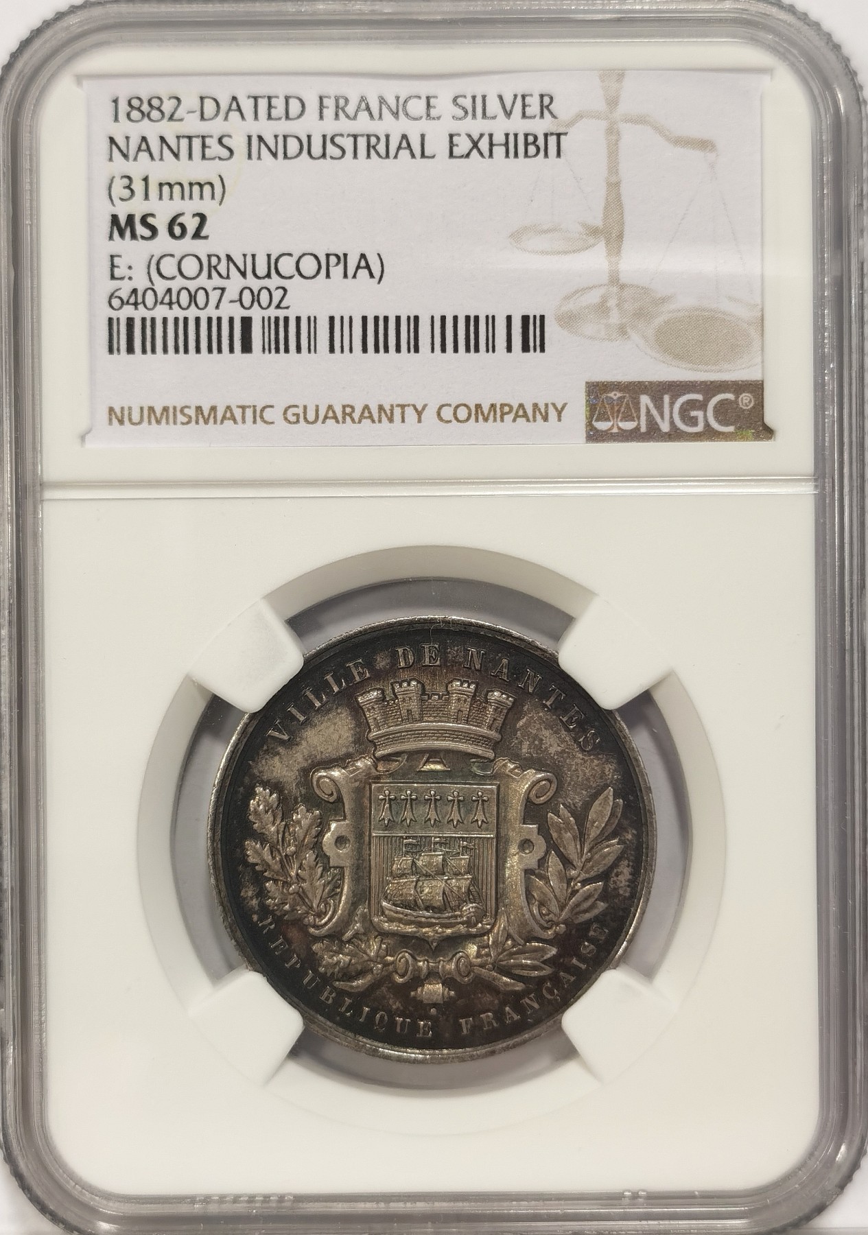 博洋堂世界钱币拍卖第037期（全场包邮） NGC MS62 法国1882年南特工业展银章，少见题材，NGC仅见，非常漂亮的包浆，五彩缤纷