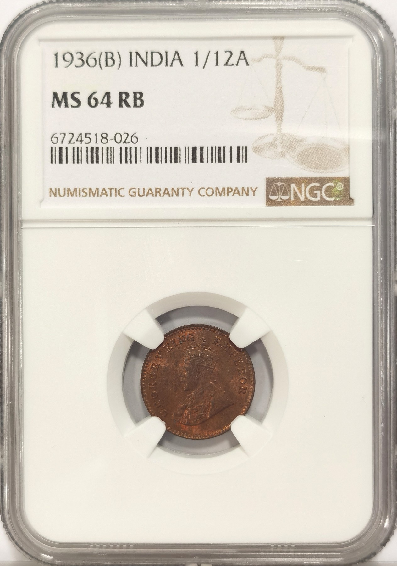 博洋堂世界钱币拍卖第037期（全场包邮） NGC MS64RB 英属印度1916C、1925B、1936B乔五不同时期1/12安娜铜币三枚一组，难得同分，红铜光饱满漂亮