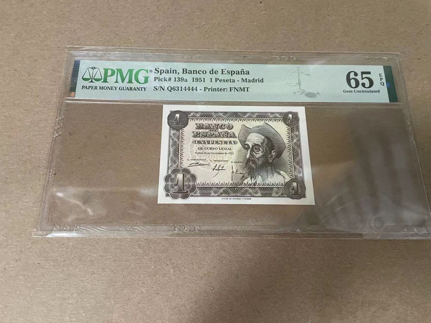 【Blue Auction】✨世界纸币精拍第354期——布克哈特【精】 【4444狮子号】西班牙 1951年1比塞塔 PMG65EPQ 