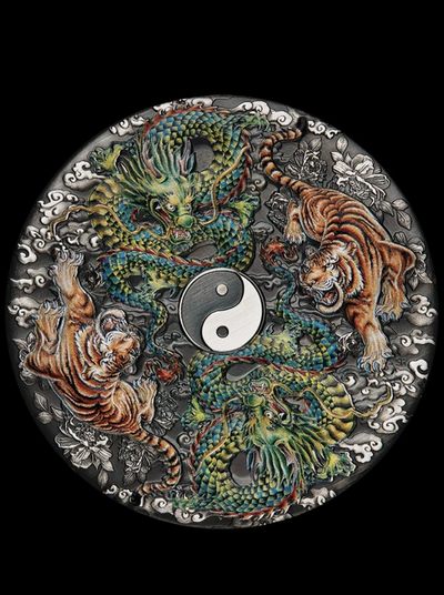 【海寕潮】拍卖第九十九期【年前狂欢节最后一场】 - 【海寧潮】图瓦卢2023年太极双龙双虎5盎司仿古彩色纪念银币0