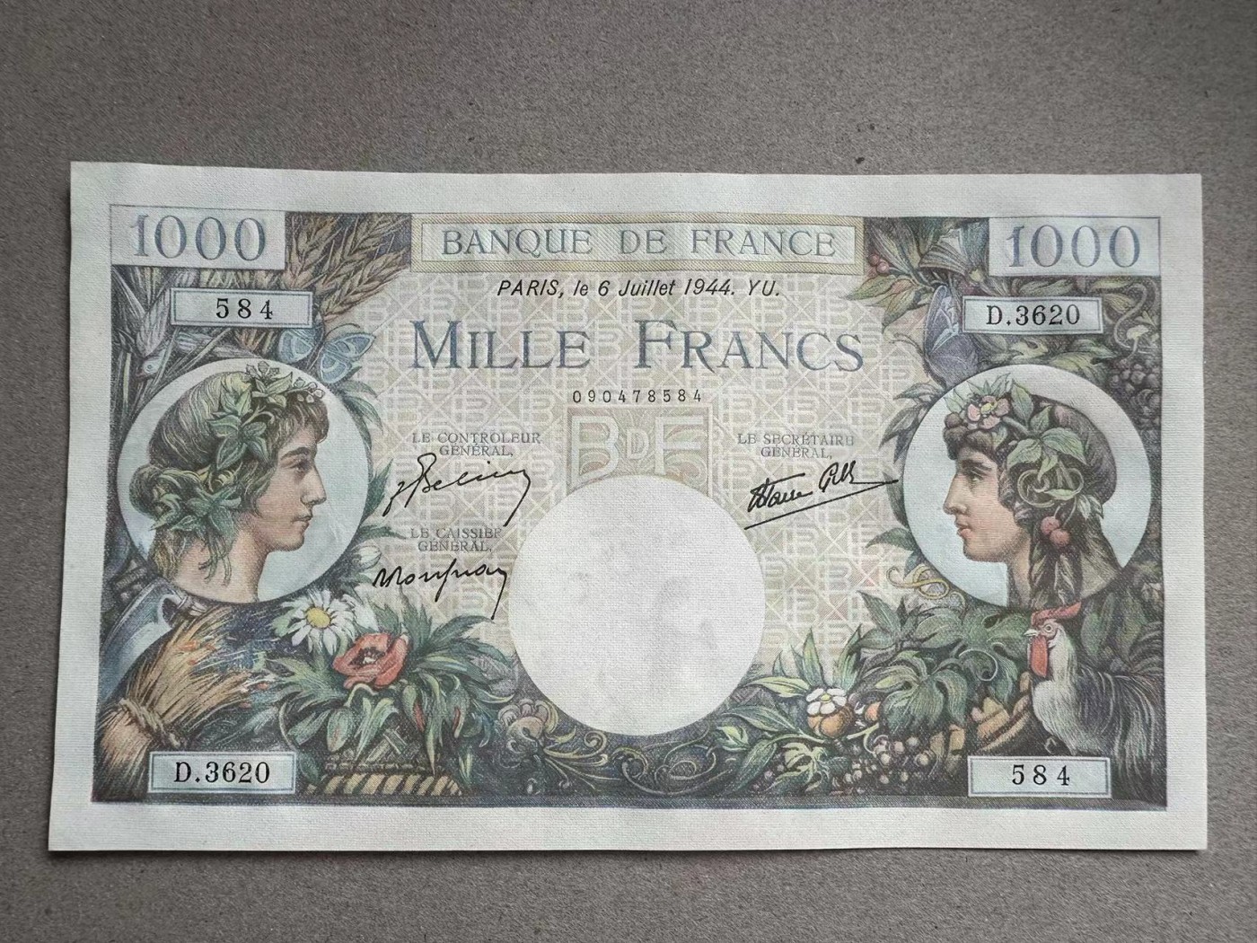 【Blue Auction】✨世界纸币精拍第354期——布克哈特【精】 法国 1944年1000法郎  大票幅 设计精美 墨丘利 全新UNC 优质号段