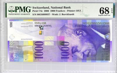 【Blue Auction】✨世界纸币精拍第354期——布克哈特【精】 - 【冠军分 c版】瑞士 2006年1000法郎 PMG68EPQ 超高分 保值增值 瑞士艺术史学家杰克伯·布克哈特 