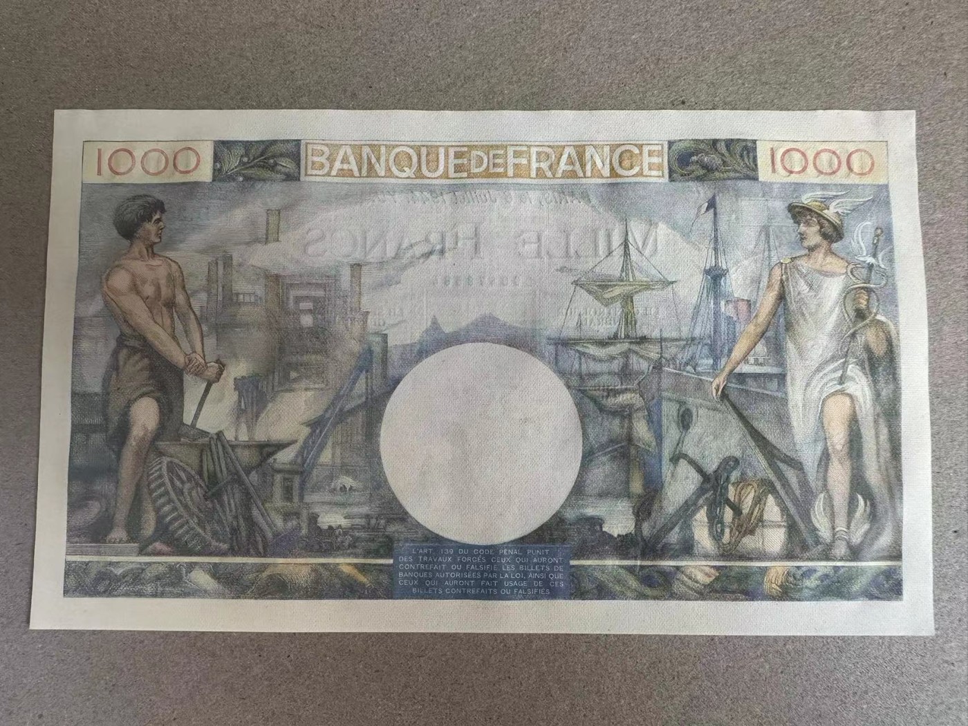 【Blue Auction】✨世界纸币精拍第354期——布克哈特【精】 法国 1944年1000法郎  大票幅 设计精美 墨丘利 全新UNC 优质号段