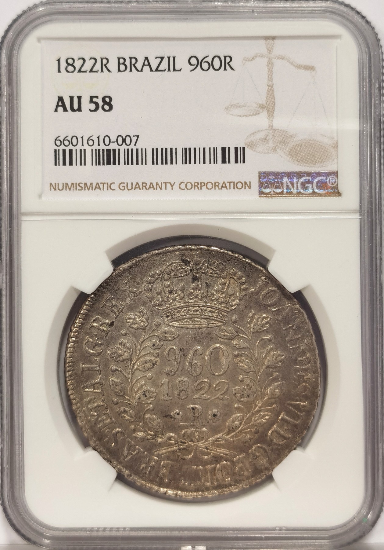 博洋堂世界钱币拍卖第037期（全场包邮） NGC AU58 葡属巴西1822年R版960R大银币，加盖在1820 LM-JP秘鲁双柱上，能清晰看到母币信息