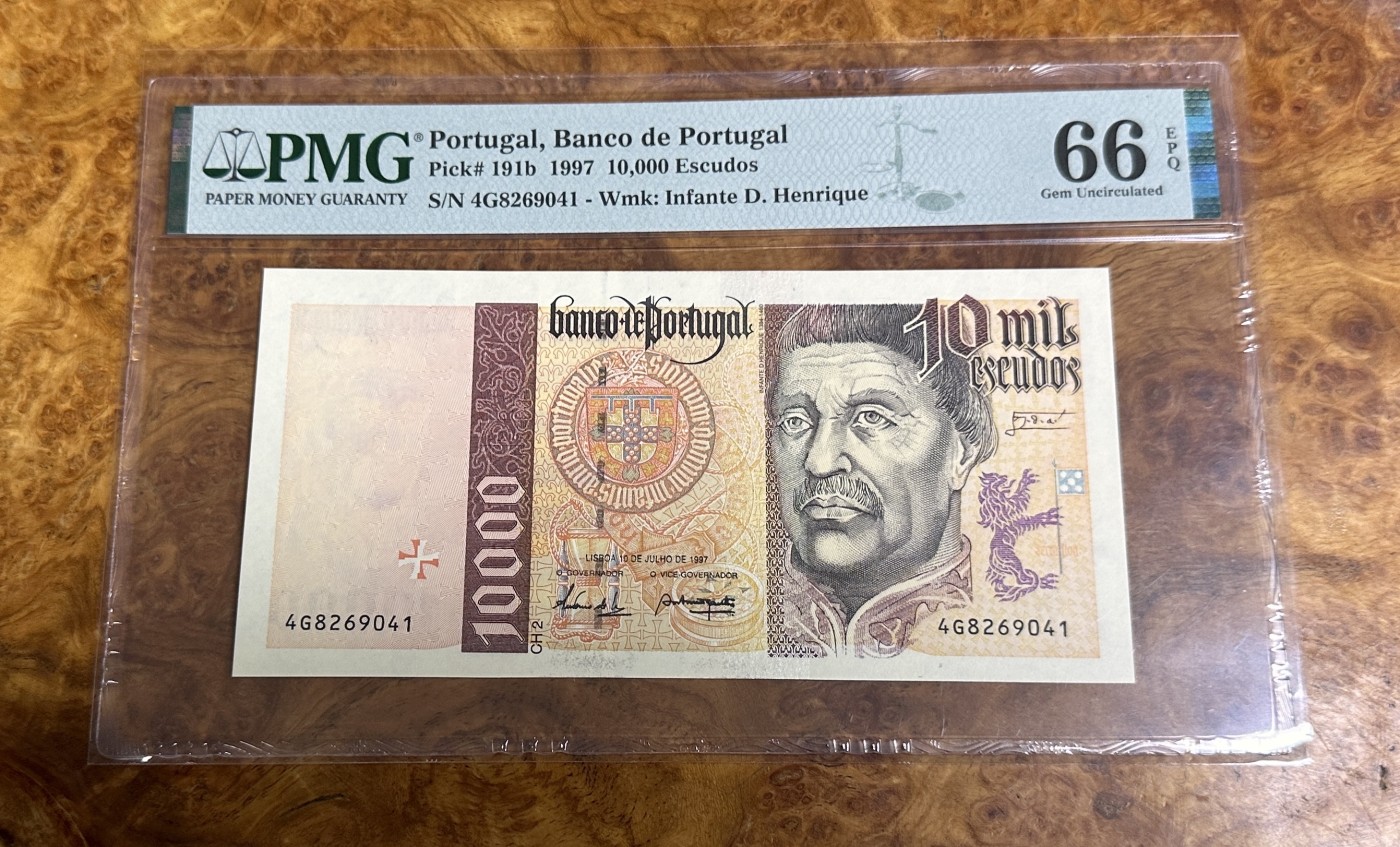 Chase Auction 第23期 - - 外钞、民国钞和人民币混合场！ 1997年葡萄牙10000埃斯库多，PMG66分！