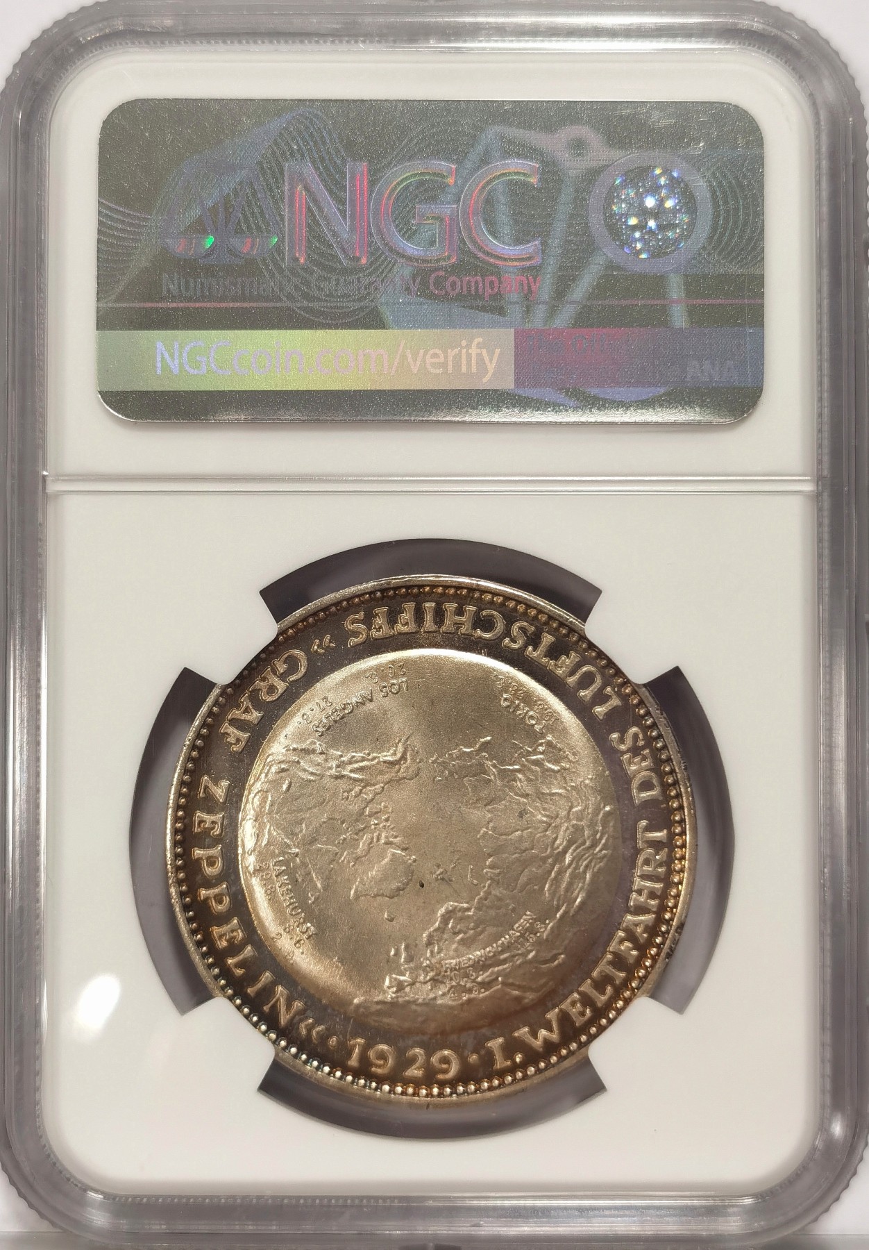 博洋堂世界钱币拍卖第037期（全场包邮） NGC MS64 德国1929年齐柏林世界旅行纪念银章，淡金彩