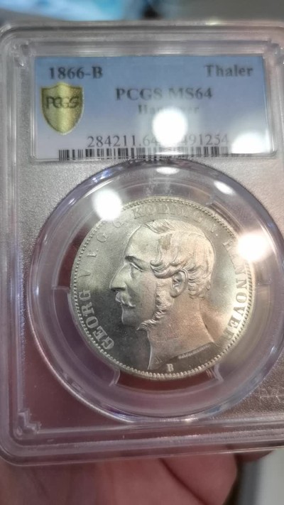 博洋堂世界钱币拍卖第037期（全场包邮） PCGS MS64 德国汉诺威1866年狮马盾徽1泰勒银币，实物镜面PL底板