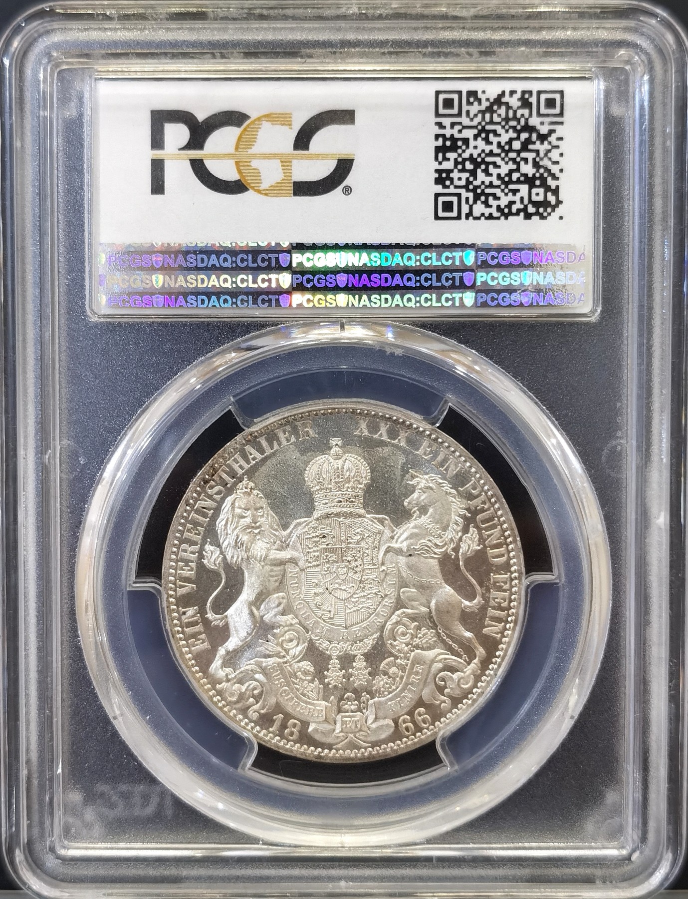 博洋堂世界钱币拍卖第037期（全场包邮） PCGS MS64 德国汉诺威1866年狮马盾徽1泰勒银币，实物镜面PL底板