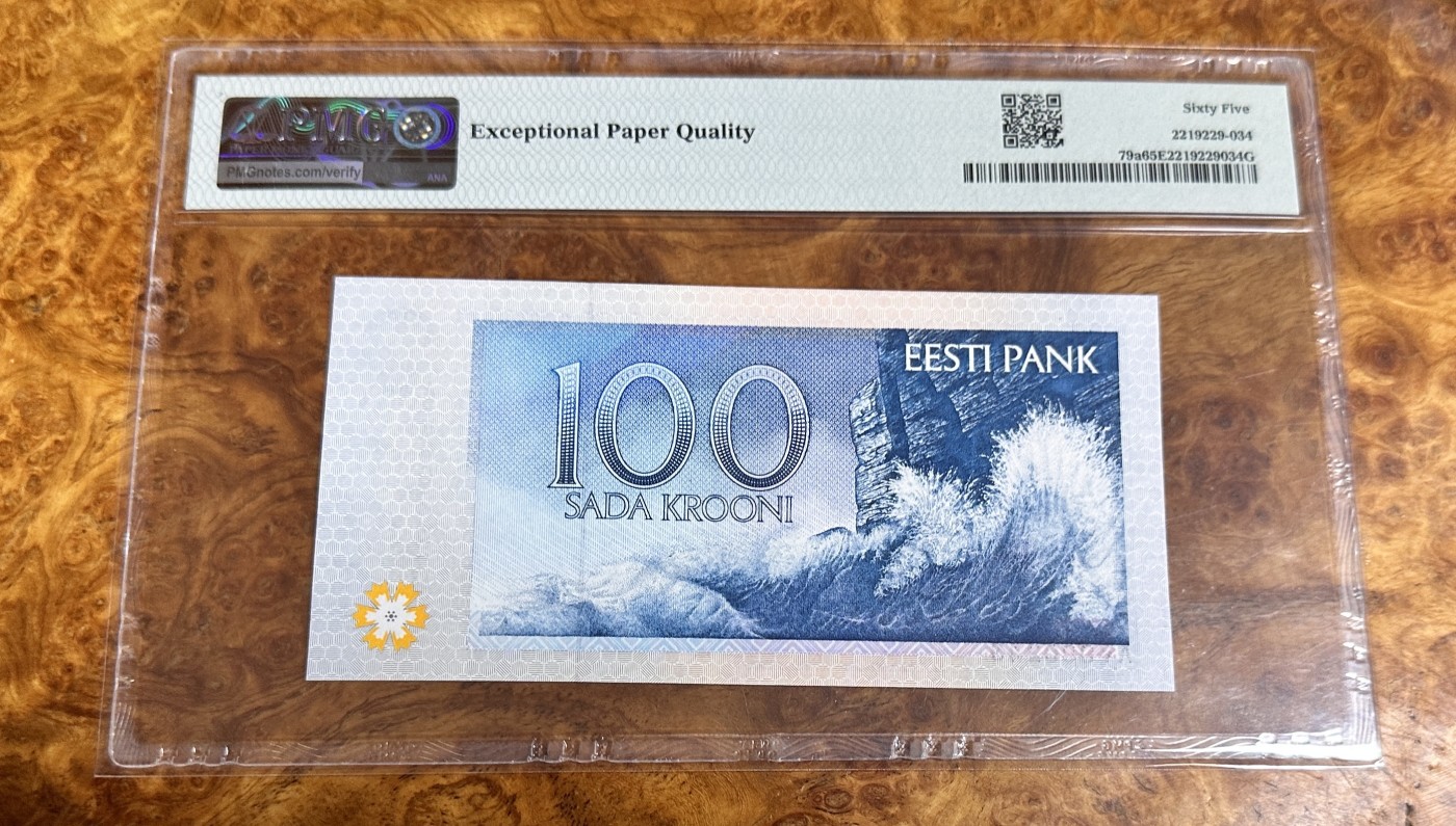 Chase Auction 第23期 - - 外钞、民国钞和人民币混合场！ 1994年爱沙尼亚100克朗，PMG65分！