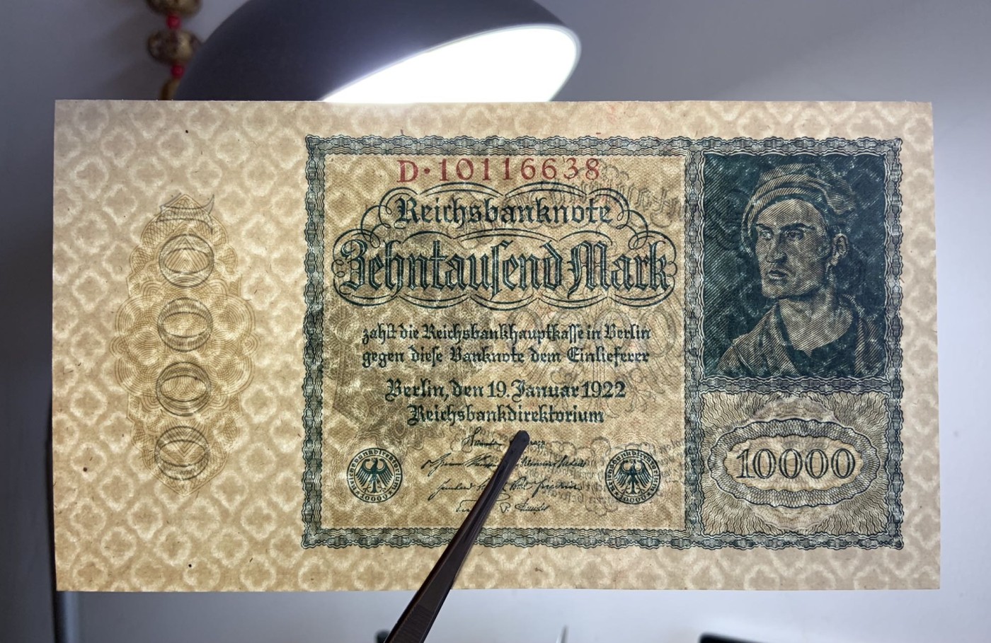 收藏联盟Quantum Auction 第279期拍卖  德国1922年10000马克 品相UNC 大票幅 丢勒名画 边缘一处微瑕