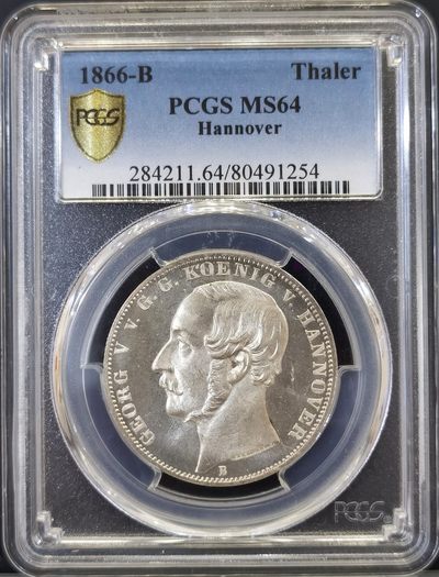博洋堂世界钱币拍卖第037期（全场包邮） - PCGS MS64 德国汉诺威1866年狮马盾徽1泰勒银币，实物镜面PL底板