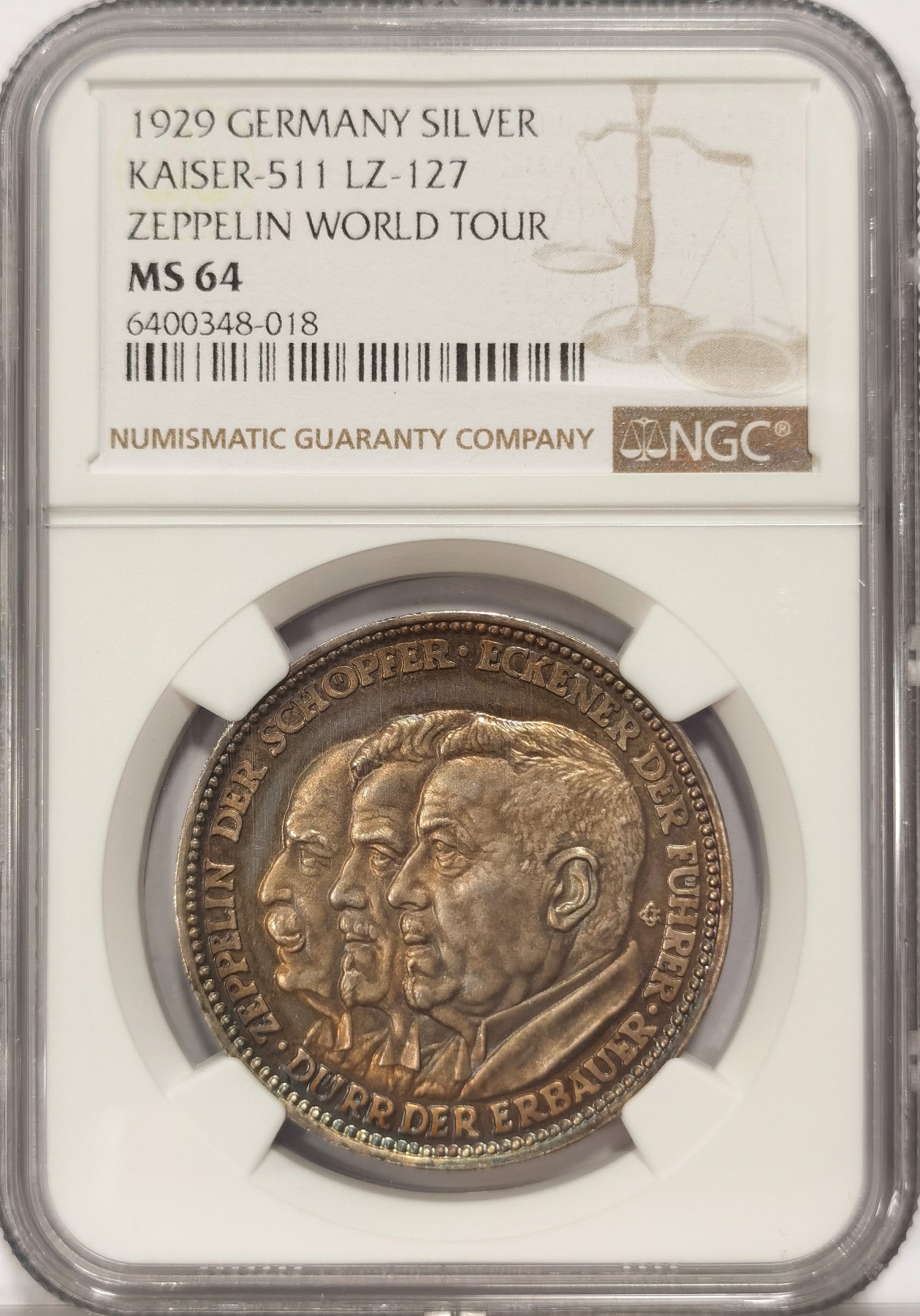 博洋堂世界钱币拍卖第037期（全场包邮） NGC MS64 德国1929年齐柏林世界旅行纪念银章，淡金彩
