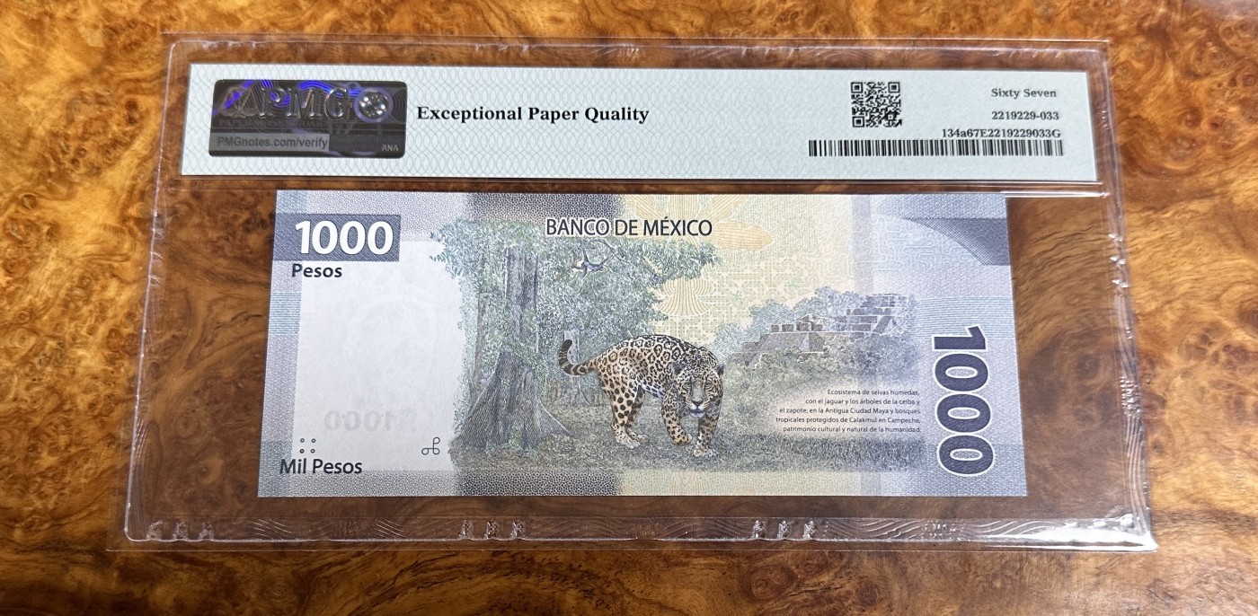 Chase Auction 第23期 - - 外钞、民国钞和人民币混合场！ 2019年墨西哥1000比索，AA首发冠，PMG67分！