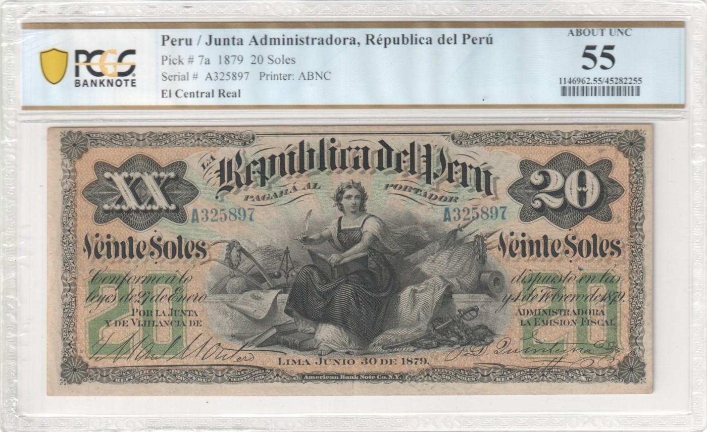 收藏联盟Quantum Auction 第279期拍卖  秘鲁(秘鲁联合管理局)1879年20索尔 PCGS55 带签实票 首发A冠无4 