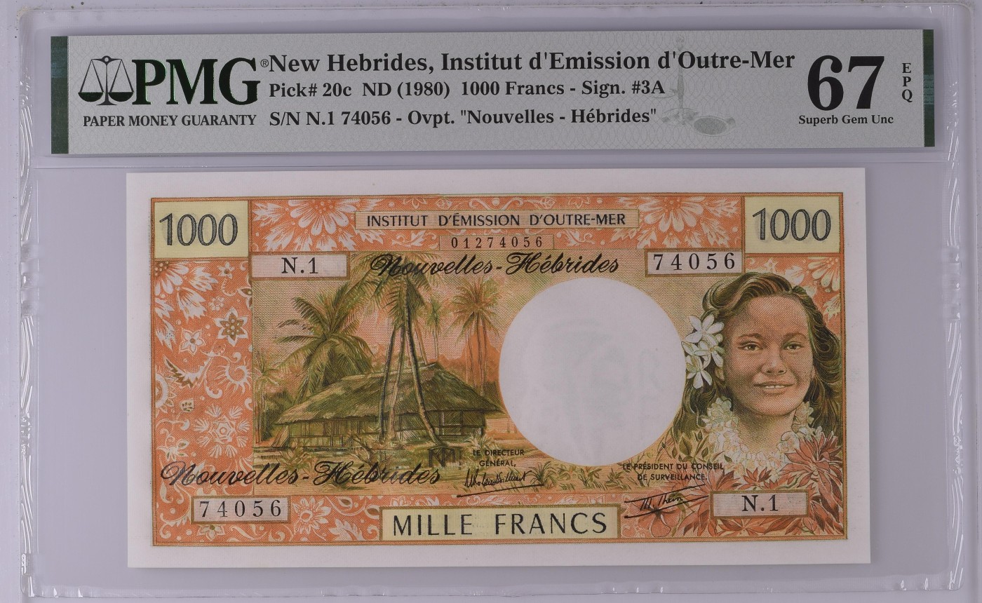 收藏联盟Quantum Auction 第279期拍卖  新赫布里底ND1980年1000法郎 PMG67 双面雕刻