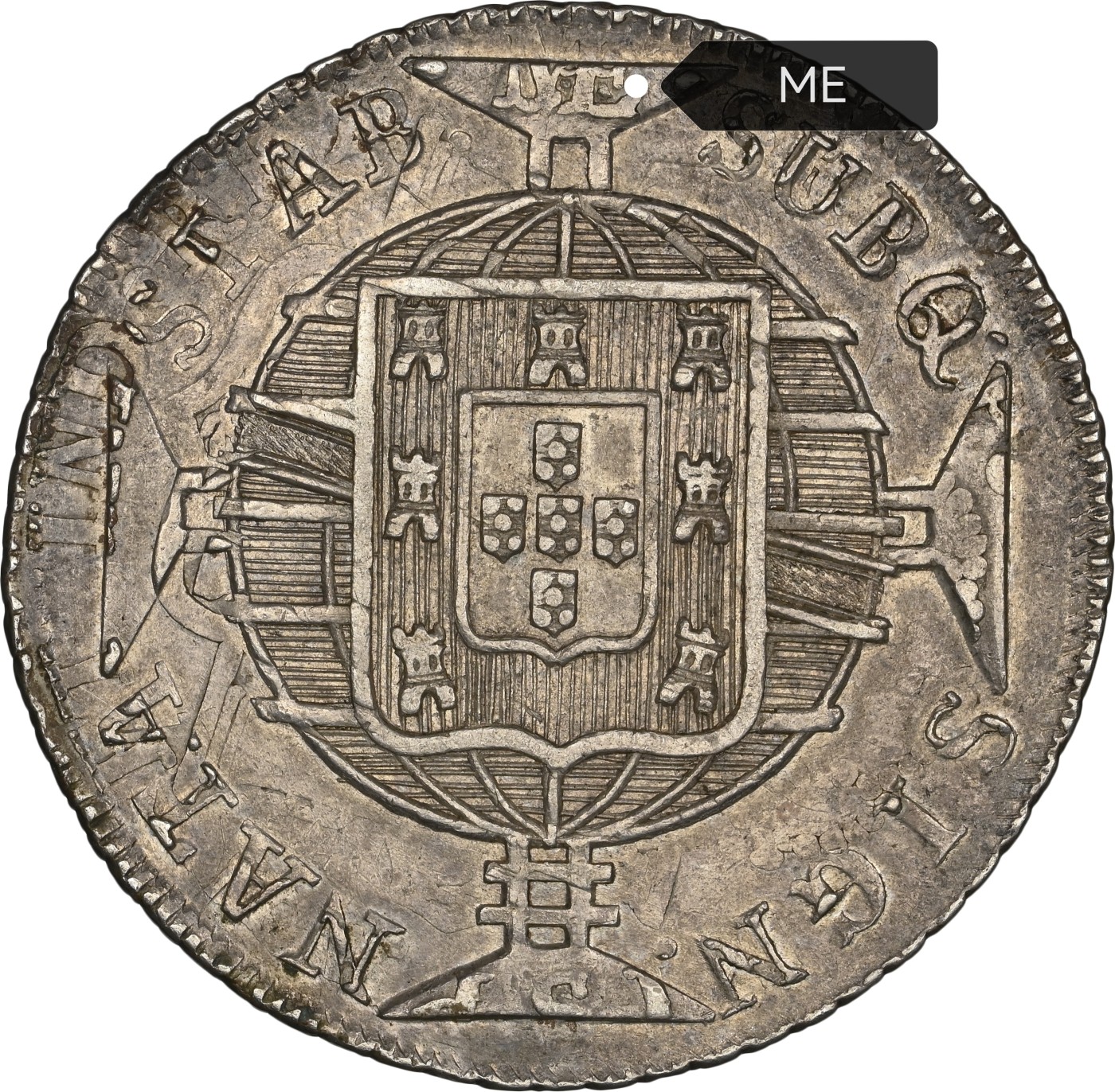 博洋堂世界钱币拍卖第037期（全场包邮） NGC AU58 葡属巴西1822年R版960R大银币，加盖在1820 LM-JP秘鲁双柱上，能清晰看到母币信息