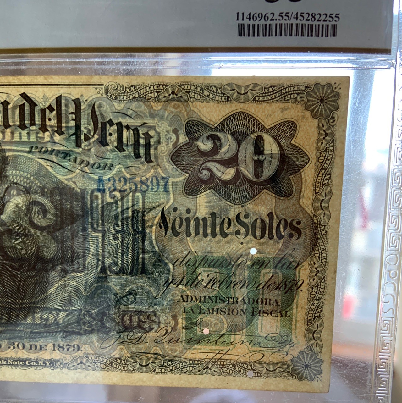 收藏联盟Quantum Auction 第279期拍卖  秘鲁(秘鲁联合管理局)1879年20索尔 PCGS55 带签实票 首发A冠无4 