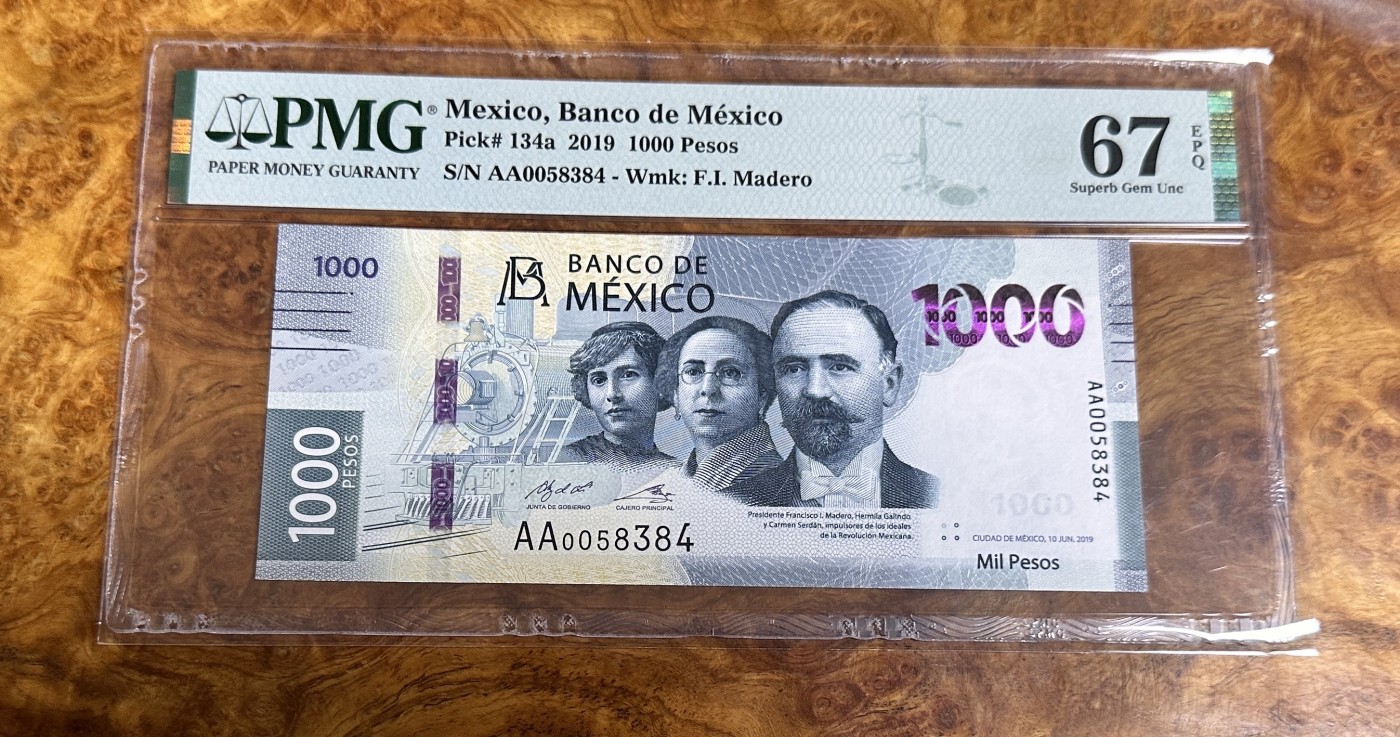 Chase Auction 第23期 - - 外钞、民国钞和人民币混合场！ 2019年墨西哥1000比索，AA首发冠，PMG67分！