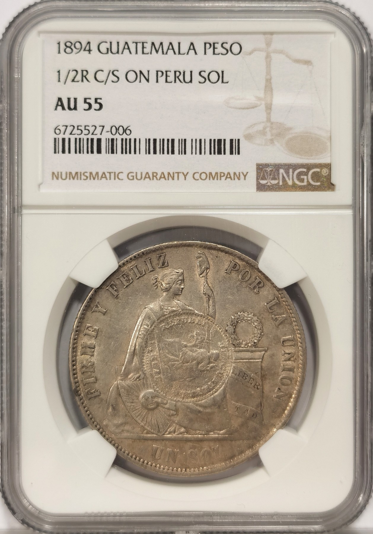 NGC AU55 危地马拉1894年1比索加盖秘鲁1869年1索尔银币，上涨品种- 博 