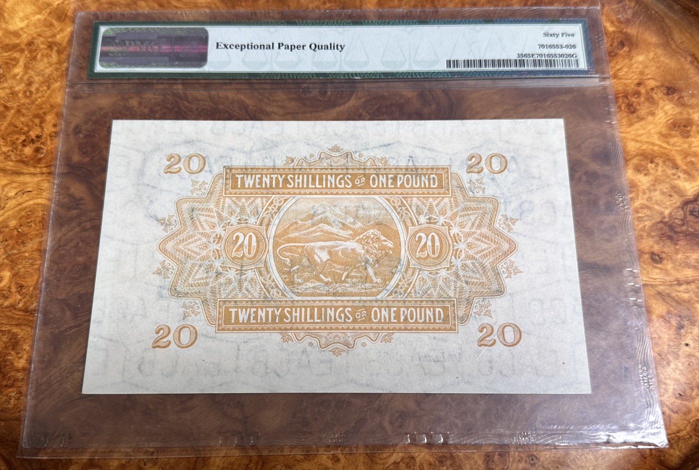 Chase Auction 第23期 - - 外钞、民国钞和人民币混合场！ 1953年东非20先令，高值稀少，大狮子，PMG65分！
