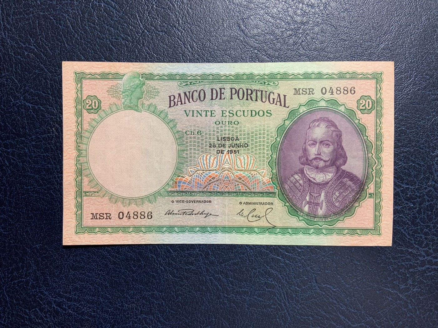 收藏联盟Quantum Auction 第279期拍卖  葡萄牙1951年20埃斯库多 品相如图 早期大票幅