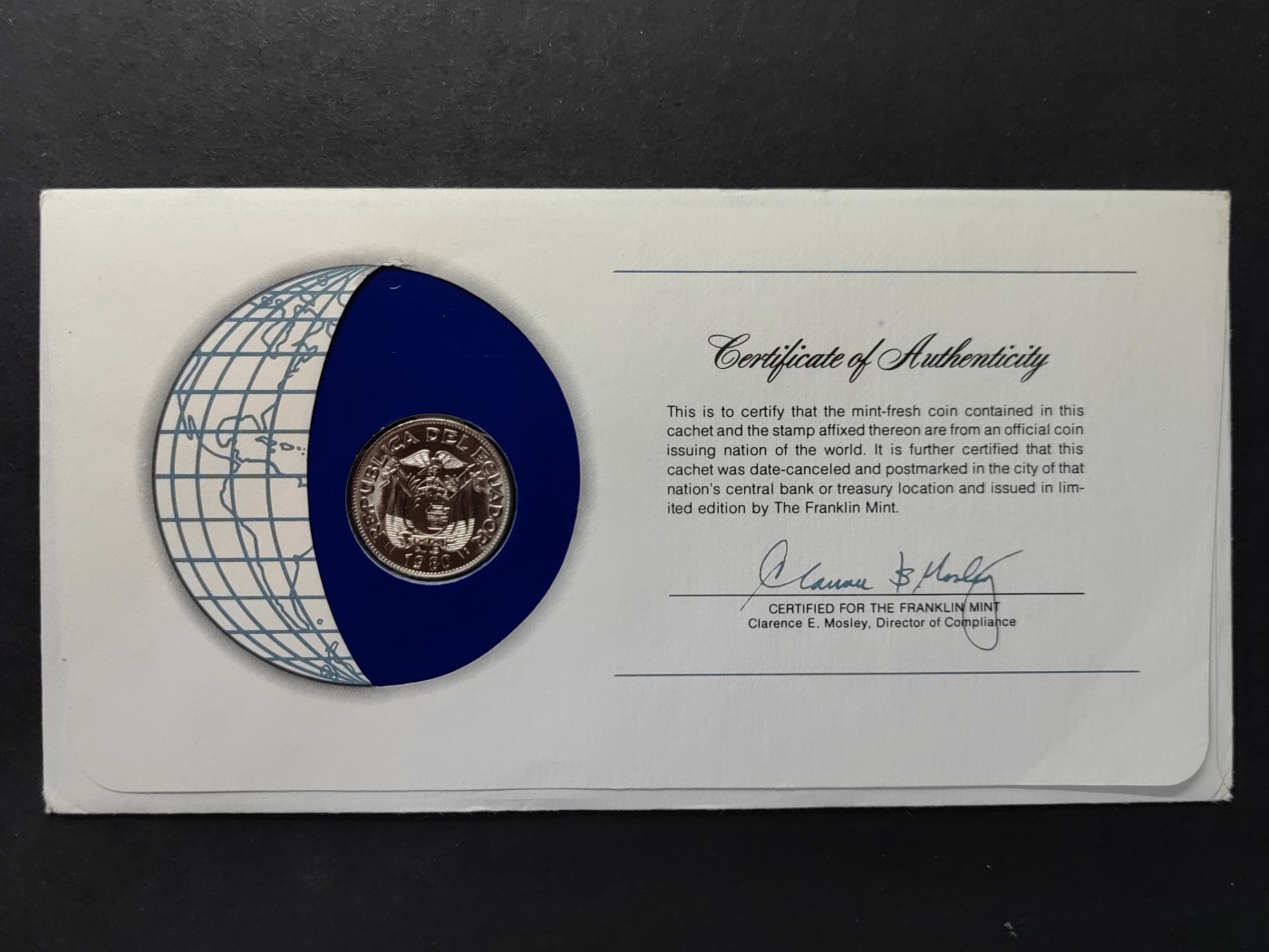 中外邮票+首日封+旧书籍.专场（精品） 富兰克林造币厂认证（厄瓜多尔邮票+货币邮封）