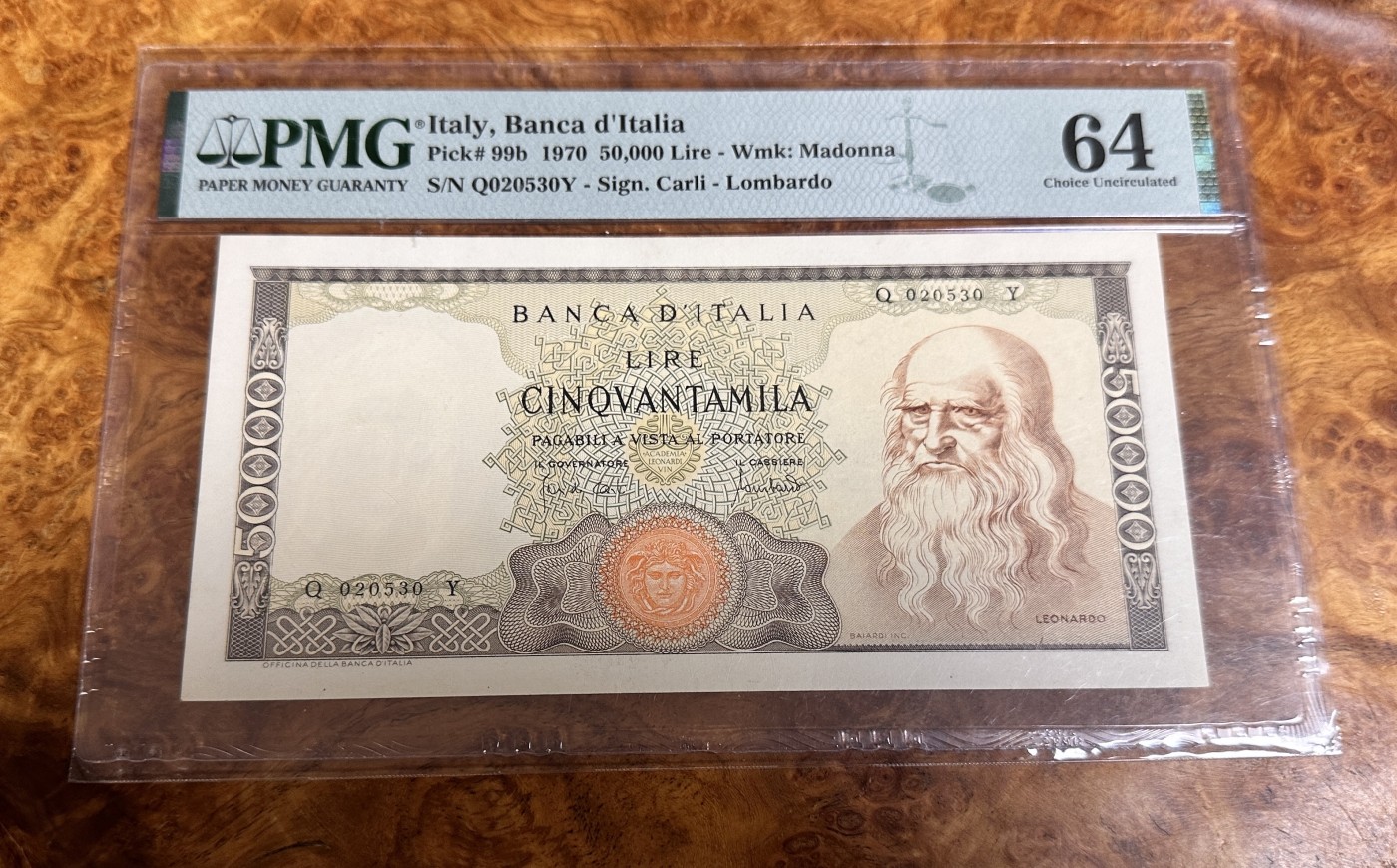 Chase Auction 第23期 - - 外钞、民国钞和人民币混合场！ 1970年意大利50000里拉，达芬奇，PMG64！