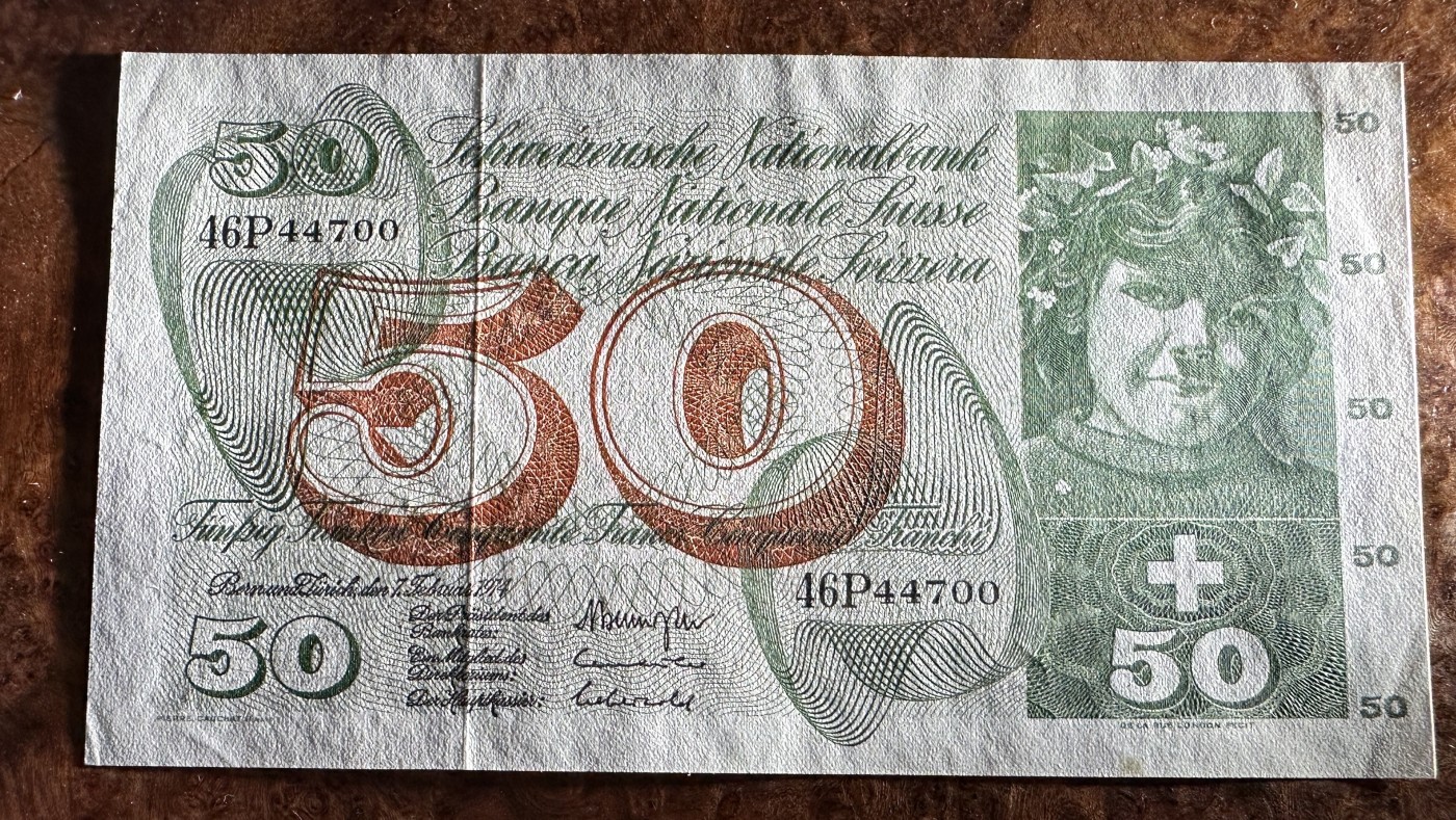 Chase Auction 第23期 - - 外钞、民国钞和人民币混合场！ 瑞士早期50法郎，苹果园，UNC-，品相如图！