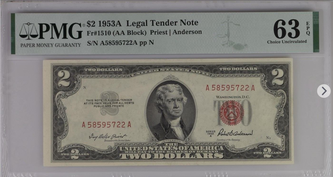 PMG、ACG美元评级专场，无佣金！！！ 2美元红库印战争券Legal Tender Note, $2 1953A Small Size