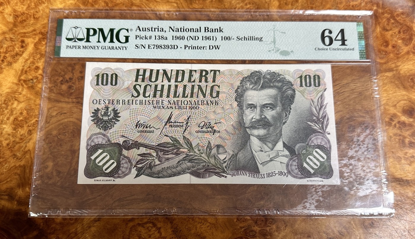 Chase Auction 第23期 - - 外钞、民国钞和人民币混合场！ 1960年奥地利100先令，小约翰斯特劳斯，PMG64！
